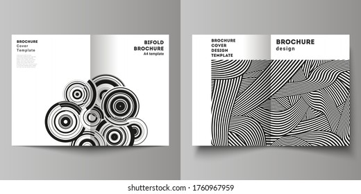 Vector layout of two A4 format modern cover mockups design templates for bifold brochure, flyer, booklet, report. Geometric abstract background in minimalistic flat style with dynamic composition.