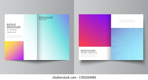 Vector layout of two A4 format modern cover mockups design templates for bifold brochure, magazine, flyer, booklet, annual report. Abstract geometric pattern with colorful gradient business background