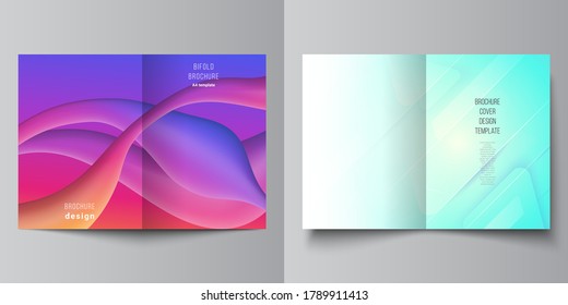 Vector layout of two A4 format modern cover mockups design templates for bifold brochure, flyer, booklet. Futuristic technology design, colorful backgrounds with fluid gradient shapes composition.