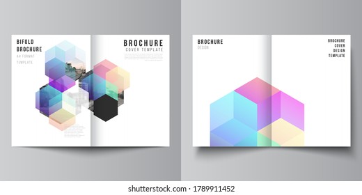 Vector layout of two A4 format cover mockups design templates with abstract shapes and colors for bifold brochure, flyer, magazine, cover design, book design, brochure cover.