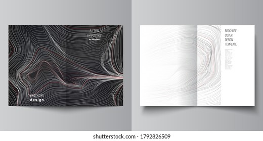 The vector layout of two A4 format modern cover mockups design templates for bifold brochure, magazine, flyer, booklet, annual report. 3D grid surface, wavy vector background with ripple effect.