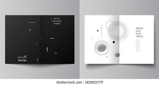 Vector layout of two A4 format cover mockups design templates for bifold brochure, flyer, magazine, cover design, book design, brochure cover. Tech science future background, space astronomy concept.