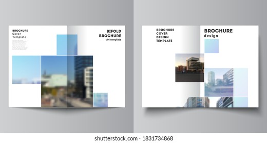 Vector layout of two A4 format cover mockups templates for bifold brochure, flyer, magazine, cover design, book design, brochure cover. Abstract design project in geometric style with blue squares