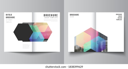 Vector layout of two A4 format cover mockups design templates with colorful hexagons, geometric shapes, tech background for bifold brochure, flyer, magazine, cover design, book design, brochure cover.