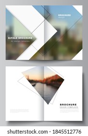 Vector layout of two A4 format cover mockups design templates with geometric simple shapes, lines and photo place for bifold brochure, flyer, magazine, cover design, book, brochure cover.