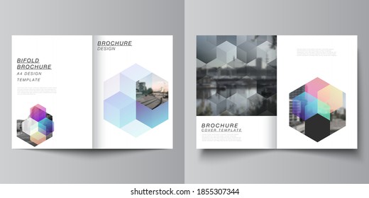 Vector layout of two A4 format cover mockups design templates with abstract shapes and colors for bifold brochure, flyer, magazine, cover design, book design, brochure cover.