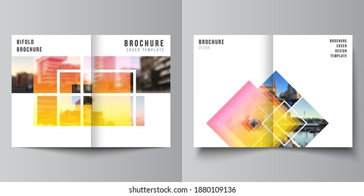 Vector layout of two A4 format modern cover mockups design templates for bifold brochure, magazine, flyer, booklet, annual report. Creative trendy style mockups, blue color trendy design backgrounds.