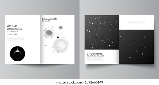 Diseño vectorial de dos modelos de diseño de portadas en formato A4 para folletos biplidos, volante, revista, diseño de portada, diseño de libros, portada de folletos. Antecedentes de la ciencia tecnológica en el futuro, concepto de astronomía espacial.