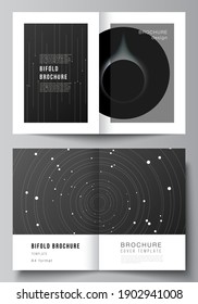 Vector layout of two A4 format cover mockups design templates for bifold brochure, flyer, magazine, cover design, book design, brochure cover. Tech science future background, space astronomy concept.