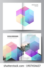 Vector layout of two A4 format cover mockups design templates with colorful hexagons, geometric shapes, tech background for bifold brochure, flyer, magazine, cover design, book design, brochure cover.