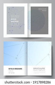 Vector layout of two A4 format cover mockups templates for bifold brochure, flyer, magazine, cover design, book design, brochure cover. Blue medical background with connecting lines and dots, plexus.