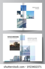 Vector layout of two A4 format cover mockups templates for bifold brochure, flyer, magazine, cover design, book design, brochure cover. Abstract design project in geometric style with blue squares