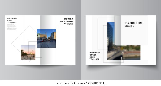 Vector layout of two A4 format cover mockups design templates with geometric simple shapes, lines and photo place for bifold brochure, flyer, magazine, cover design, book, brochure cover.