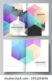 Vector layout of two A4 format cover mockups design templates with abstract shapes and colors for bifold brochure, flyer, magazine, cover design, book design, brochure cover.