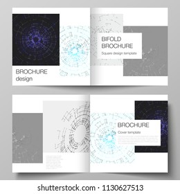 The vector layout of two cover templates for square design bifold brochure, magazine, flyer, booklet. Network connection concept with connecting lines and dots. Technology design digitalbackground