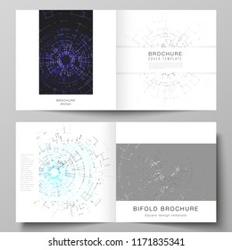 The vector layout of two cover templates for square design bifold brochure, magazine, flyer, booklet. Network connection concept with connecting lines and dots. Technology design digitalbackground