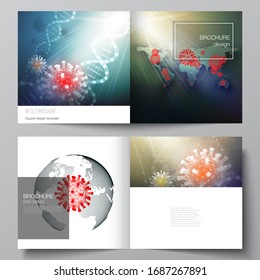 Vector layout of two cover templates for square bifold brochure, flyer, cover design, book design, brochure cover. 3d medical background of corona virus. Covid 19, coronavirus infection. Virus concept