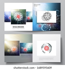 Vector layout of two cover templates for square bifold brochure, flyer, cover design, book design, brochure cover. 3d medical background of corona virus. Covid 19, coronavirus infection. Virus concept