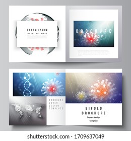 Vector layout of two cover templates for square bifold brochure, flyer, cover design, book design, brochure cover. 3d medical background of corona virus. Covid 19, coronavirus infection. Virus concept