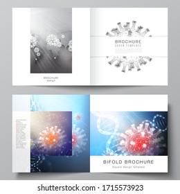 Vector layout of two cover templates for square bifold brochure, flyer, cover design, book design, brochure cover. 3d medical background of corona virus. Covid 19, coronavirus infection. Virus concept