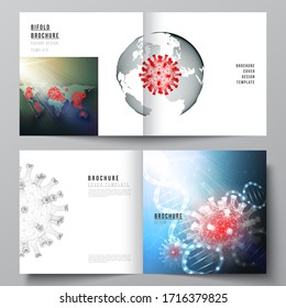 Vector layout of two cover templates for square bifold brochure, flyer, cover design, book design, brochure cover. 3d medical background of corona virus. Covid 19, coronavirus infection. Virus concept