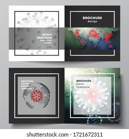 Vector layout of two cover templates for square bifold brochure, flyer, cover design, book design, brochure cover. 3d medical background of corona virus. Covid 19, coronavirus infection. Virus concept