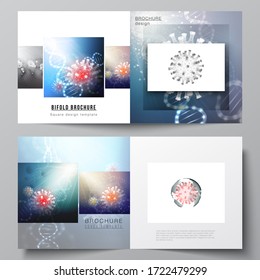 Vector layout of two cover templates for square bifold brochure, flyer, cover design, book design, brochure cover. 3d medical background of corona virus. Covid 19, coronavirus infection. Virus concept