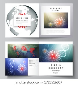 Vector layout of two cover templates for square bifold brochure, flyer, cover design, book design, brochure cover. 3d medical background of corona virus. Covid 19, coronavirus infection. Virus concept