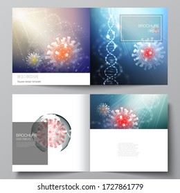 Vector layout of two cover templates for square bifold brochure, flyer, cover design, book design, brochure cover. 3d medical background of corona virus. Covid 19, coronavirus infection. Virus concept