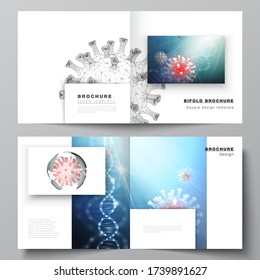Vector layout of two cover templates for square bifold brochure, flyer, cover design, book design, brochure cover. 3d medical background of corona virus. Covid 19, coronavirus infection. Virus concept