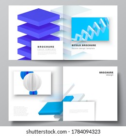 Vector layout of two covers template for square bifold brochure, flyer, magazine, cover design, book design, brochure cover. 3d render vector composition with realistic geometric blue shapes in motion