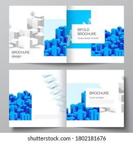 Vector layout of two covers template for square bifold brochure, flyer, magazine, cover design, book design, brochure cover. 3d render vector composition with realistic geometric blue shapes in motion