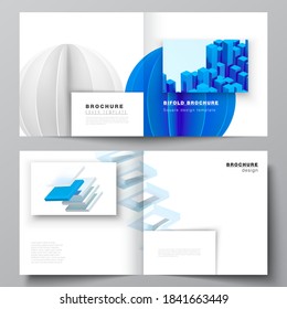 Vector layout of two covers template for square bifold brochure, flyer, magazine, cover design, book design, brochure cover. 3d render vector composition with realistic geometric blue shapes in motion