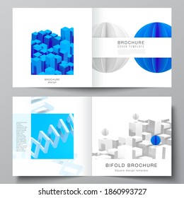 Vector layout of two covers template for square bifold brochure, flyer, magazine, cover design, book design, brochure cover. 3d render vector composition with realistic geometric blue shapes in motion