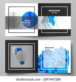 Vector layout of two covers template for square bifold brochure, flyer, magazine, cover design, book design, brochure cover. 3d render vector composition with realistic geometric blue shapes in motion