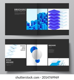 Vector layout of two covers template for square bifold brochure, flyer, magazine, cover design, book design, brochure cover. 3d render vector composition with realistic geometric blue shapes in motion