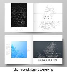 Vector layout of two covers templates for square design bifold brochure, flyer. Technology, science, medical concept. Molecule structure, connecting lines and dots. Futuristic background.