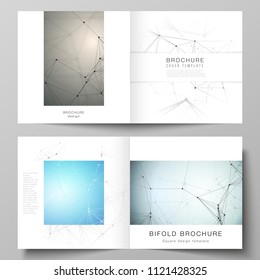 Vector layout of two covers templates for square design bifold brochure, flyer, booklet. Technology, science, medical concept. Molecule structure, connecting lines and dots. Futuristic background