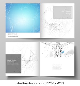 Vector layout of two covers templates for square design bifold brochure, flyer, booklet. Technology, science, medical concept. Molecule structure, connecting lines and dots. Futuristic background