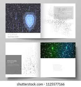 The vector layout of two covers templates for square design bifold brochure, magazine, flyer, booklet. Binary code background. AI, big data, coding or hacker concept, digital technology background.