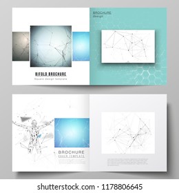 Vector layout of two covers templates for square design bifold brochure, flyer, booklet. Technology, science, medical concept. Molecule structure, connecting lines and dots. Futuristic background