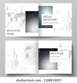 Vector layout of two covers templates for square design bifold brochure, flyer. Futuristic geometric design with world globe, connecting lines and dots. Global network connections, technology concept.