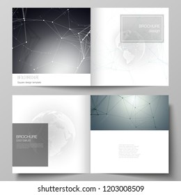 Vector layout of two covers templates for square design bifold brochure, flyer. Futuristic geometric design with world globe, connecting lines and dots. Global network connections, technology concept.