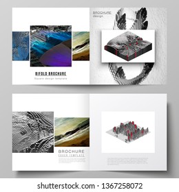 Vector layout of two covers templates for square design bifold brochure, magazine, flyer, booklet. Big data. Dynamic geometric background. Cubes pattern design with motion effect. 3d technology style.