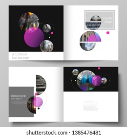 Vector layout of two covers templates for square design bifold brochure, magazine, flyer. Simple design futuristic concept.Creative background with circles and round shapes that form planets and stars
