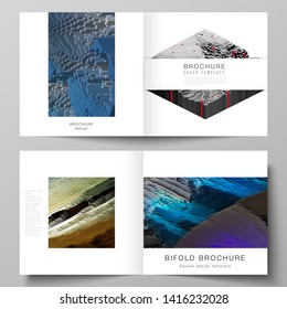 Vector layout of two covers templates for square design bifold brochure, magazine, flyer, booklet. Big data. Dynamic geometric background. Cubes pattern design with motion effect. 3d technology style.