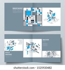 The vector layout of two covers templates for square design bifold brochure, magazine, flyer, booklet. Abstract polygonal background, colorful mosaic pattern, retro bauhaus de stijl design.
