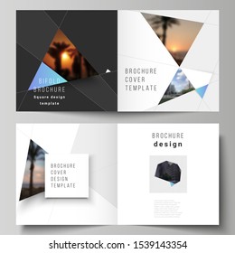 The vector layout of two covers templates for square design bifold brochure, magazine, flyer, booklet. Creative modern background with blue triangles and triangular shapes. Simple design decoration.