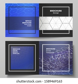 Vector layout of two covers templates for square design bifold brochure, flyer. Digital technology and big data concept with hexagons, connecting dots and lines, polygonal science medical background.