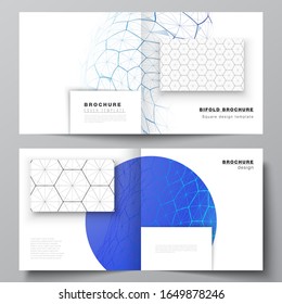 Vektorillustration-Layout von zwei Cover-Vorlagen für quadratische Design-Bifenbroschüre, Flyer. Digitale Technologie und Big-Data-Konzept mit Hexagonen, Verbindungspunkte und Linien, polygonaler wissenschaftlicher medizinischer Hintergrund.